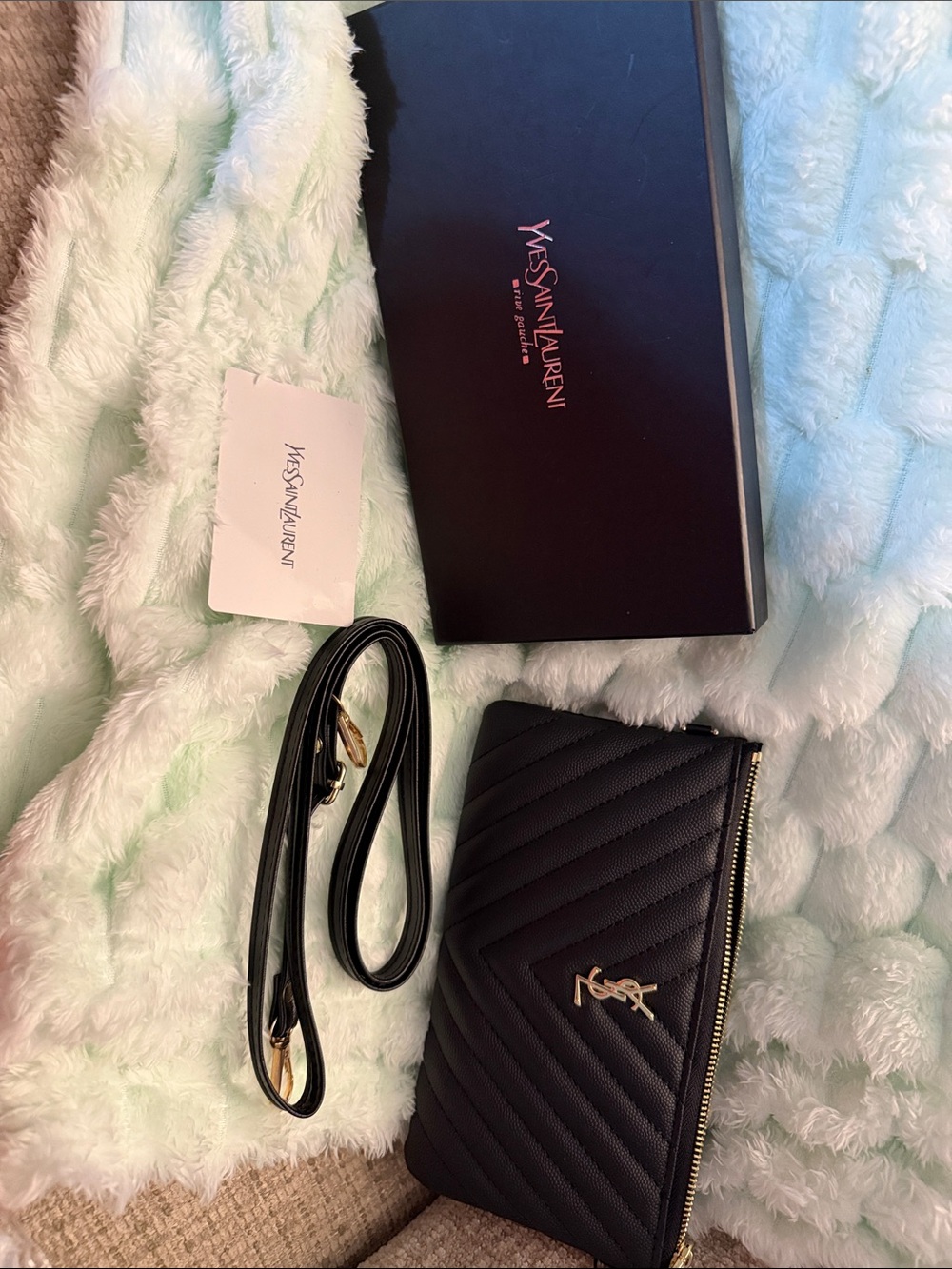 Yves Saint Laurent Black Chevron Quilted Zip Wallet Crossbody with Gold Hardware